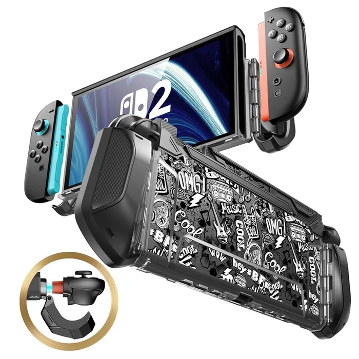 Front and rear views of the Mumba Blade Mixtape case for Nintendo Switch 2, black with white doodles, with a Joy-Con release detail.