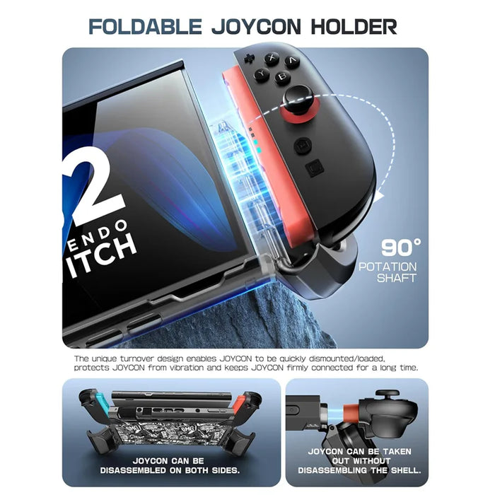 Mumba Blade Mixtape case for Nintendo Switch 2 with a hinged Joy-Con holder folded down and diagrams showing controller removal.