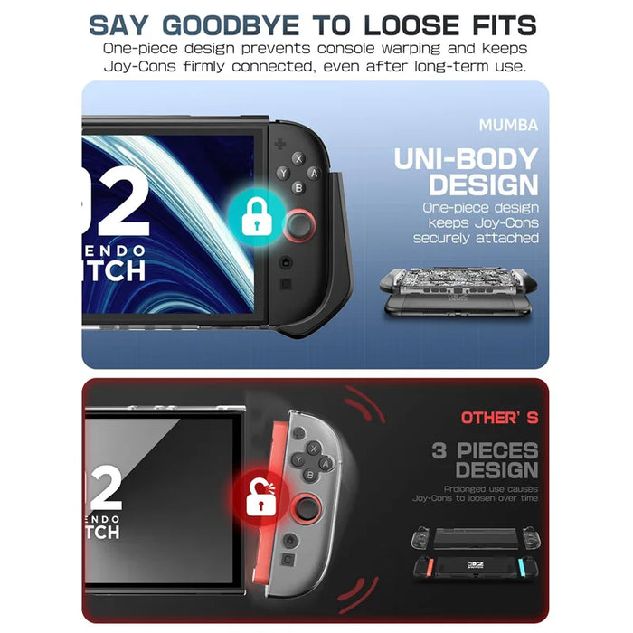 One-piece construction infographic for the Mumba Blade Mixtape Switch 2 case, compared with a three-piece case design.