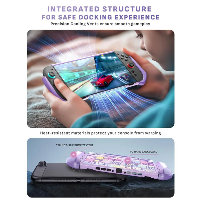Mumba Blade Paint case for Nintendo Switch 2 shown during handheld play, with an exploded diagram of the TPU grip frame and PC back panel.