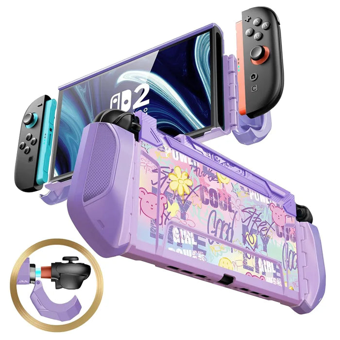 Front and rear views of the Mumba Blade Paint case for Nintendo Switch 2, purple with colorful graffiti, with a Joy-Con release detail.