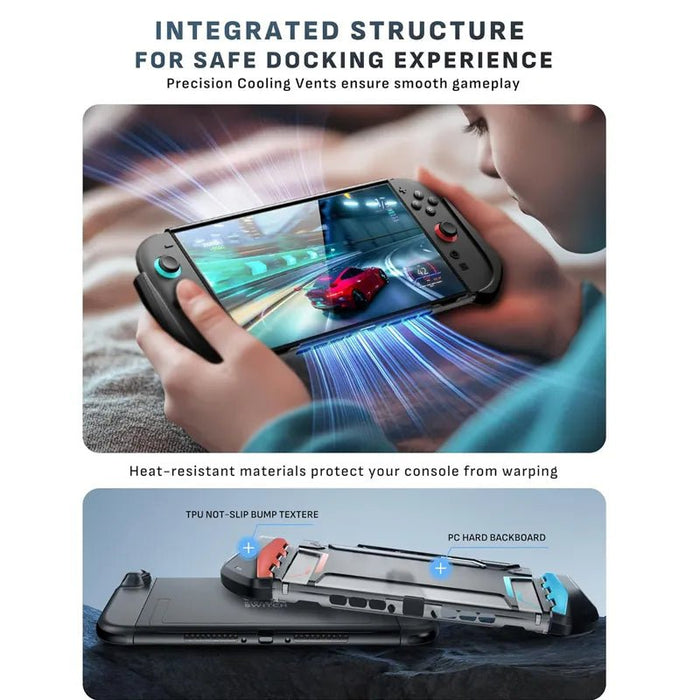 Mumba Blade Red case for Nintendo Switch 2 shown during handheld play, with an exploded diagram of the TPU grip frame and PC back panel.