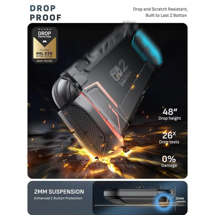 Drop-protection illustration of the Mumba Blade Red case for Nintendo Switch 2, with a close-up of the raised Z-button edge.