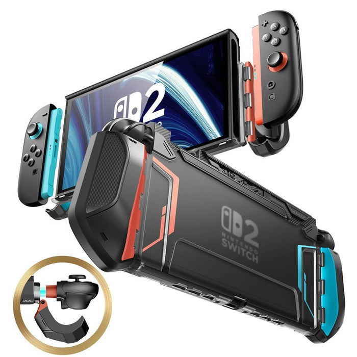 Front and rear views of the Mumba Blade Red case for Nintendo Switch 2, black with red and blue accents, with a Joy-Con release detail.