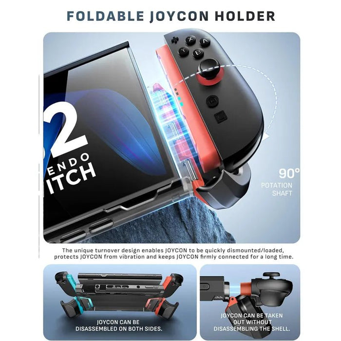 Mumba Blade Red case for Nintendo Switch 2 with a hinged Joy-Con holder folded down and diagrams showing controller removal.