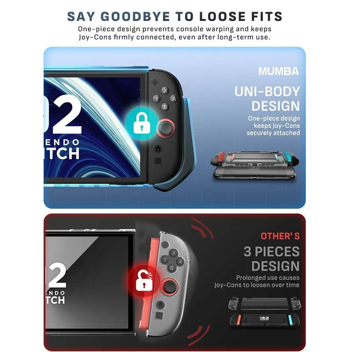 One-piece construction infographic for the Mumba Blade Red Switch 2 case, compared with a three-piece case design.