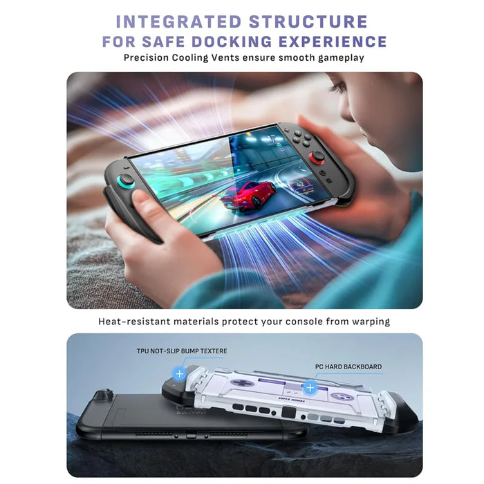 Mumba Blade Retro case for Nintendo Switch 2 shown during handheld play, with an exploded diagram of the TPU grip frame and PC back panel.