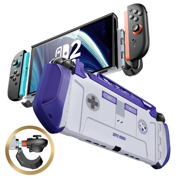 Front and rear views of the Mumba Blade Retro case for Nintendo Switch 2, purple and gray with a retro controller print, with a Joy-Con release detail.