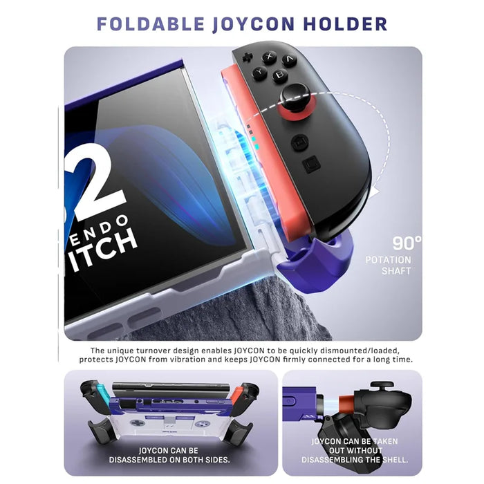 Mumba Blade Retro case for Nintendo Switch 2 with a hinged Joy-Con holder folded down and diagrams showing controller removal.