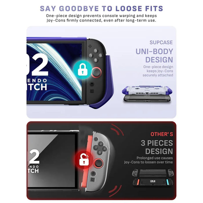 Nintendo Switch 2 one-piece case construction compared with a three-piece design; purple and gray retro controller print case shown.