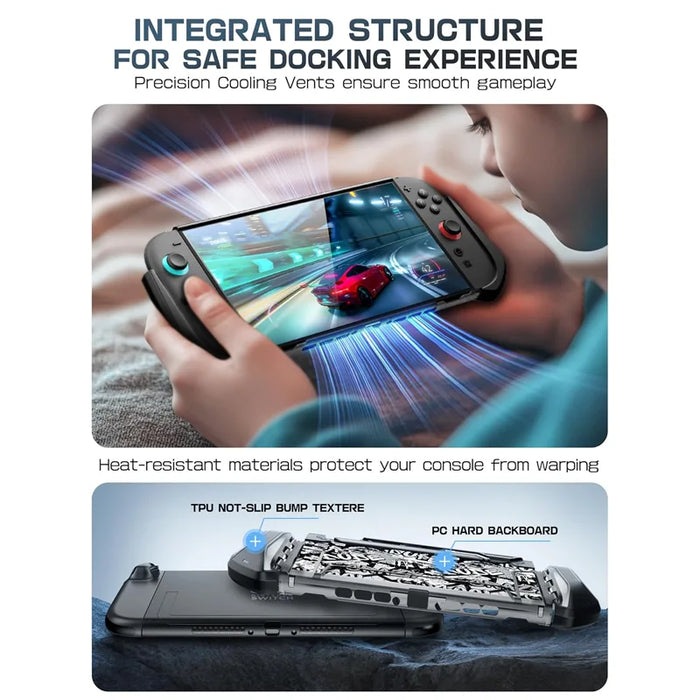 Mumba Blade Skidz case for Nintendo Switch 2 shown during handheld play, with an exploded diagram of the TPU grip frame and PC back panel.