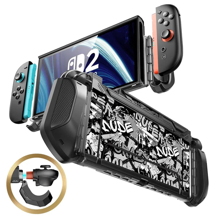 Front and rear views of the Mumba Blade Skidz case for Nintendo Switch 2, black with white graffiti lettering, with a Joy-Con release detail.