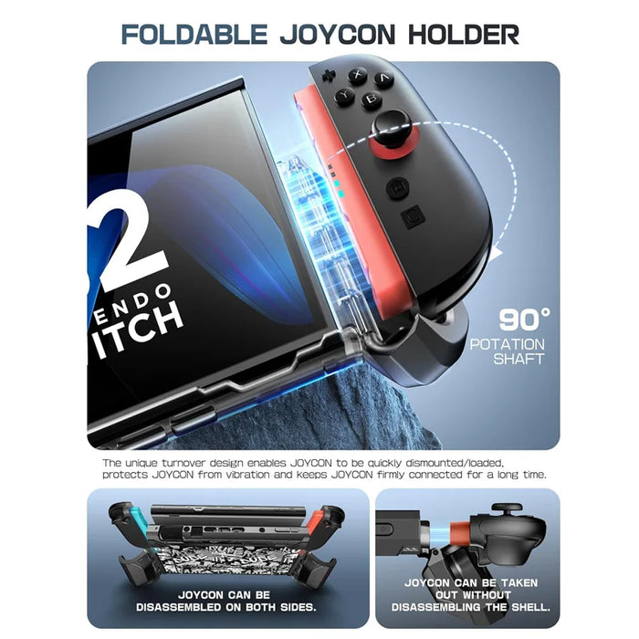 Mumba Blade Skidz case for Nintendo Switch 2 with a hinged Joy-Con holder folded down and diagrams showing controller removal.