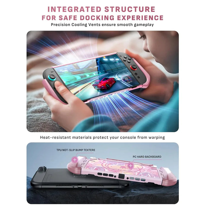 Mumba Blade Swirls case for Nintendo Switch 2 shown during handheld play, with an exploded diagram of the TPU grip frame and PC back panel.