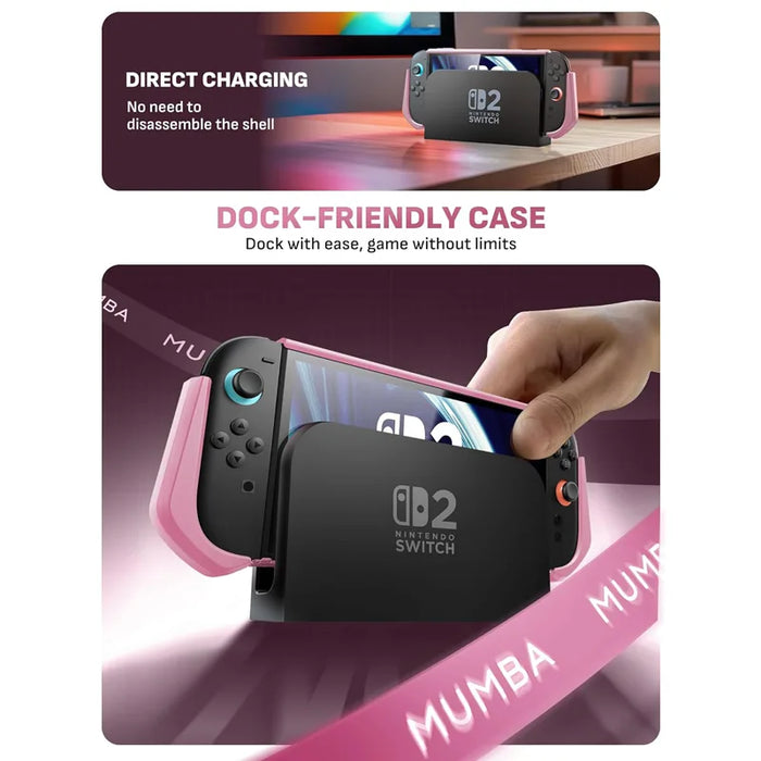 Docking guide showing the Mumba Blade Swirls case for Nintendo Switch 2 being lowered into a Nintendo Switch 2 dock.