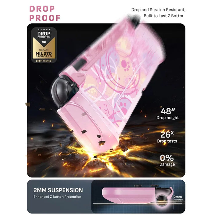 Drop-protection illustration of the Mumba Blade Swirls case for Nintendo Switch 2, with a close-up of the raised Z-button edge.