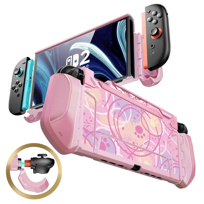 Front and rear views of the Mumba Blade Swirls case for Nintendo Switch 2, pink with an abstract swirl pattern, with a Joy-Con release detail.
