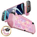Front and rear views of the Mumba Blade Swirls case for Nintendo Switch 2, pink with an abstract swirl pattern, with a Joy-Con release detail.