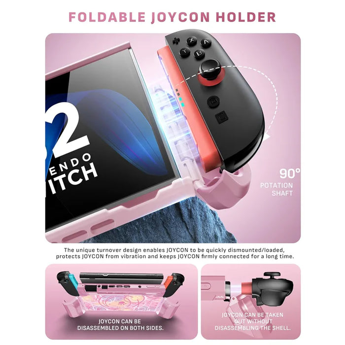 Mumba Blade Swirls case for Nintendo Switch 2 with a hinged Joy-Con holder folded down and diagrams showing controller removal.