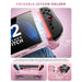Mumba Blade Swirls case for Nintendo Switch 2 with a hinged Joy-Con holder folded down and diagrams showing controller removal.