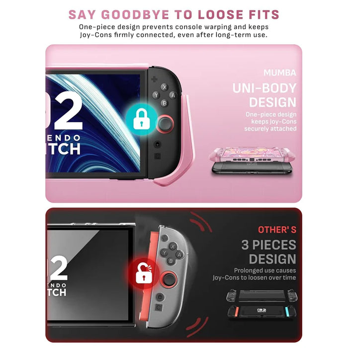 One-piece construction infographic for the Mumba Blade Swirls Switch 2 case, compared with a three-piece case design.