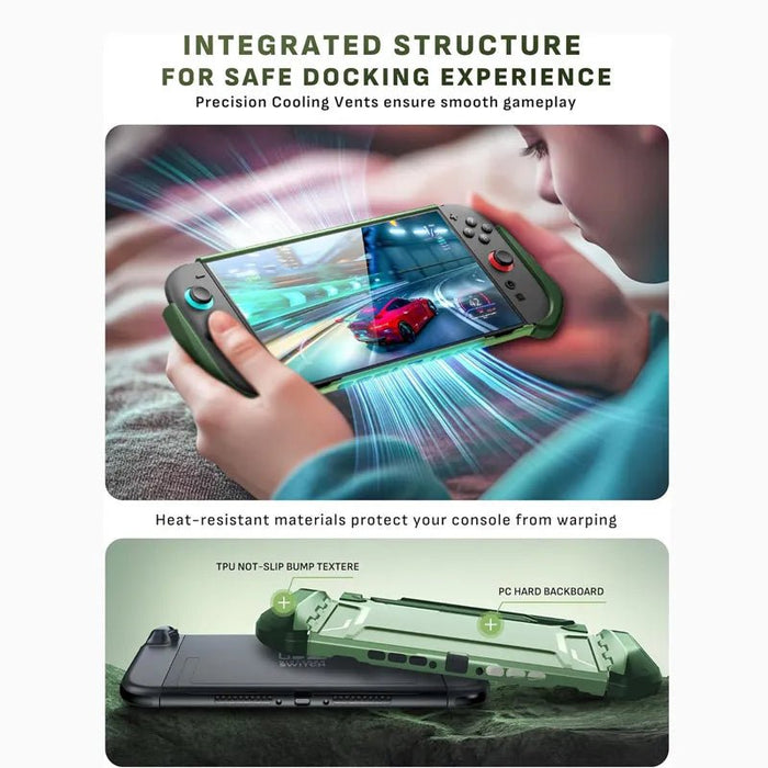 Mumba Blade Urban case for Nintendo Switch 2 shown during handheld play, with an exploded diagram of the TPU grip frame and PC back panel.