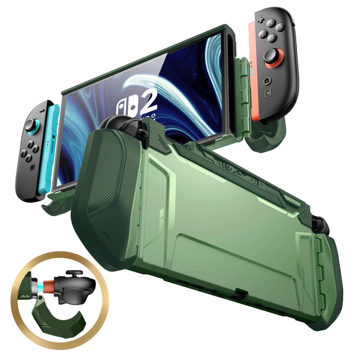 Front and rear views of the Mumba Blade Urban case for Nintendo Switch 2, green, with a Joy-Con release detail.