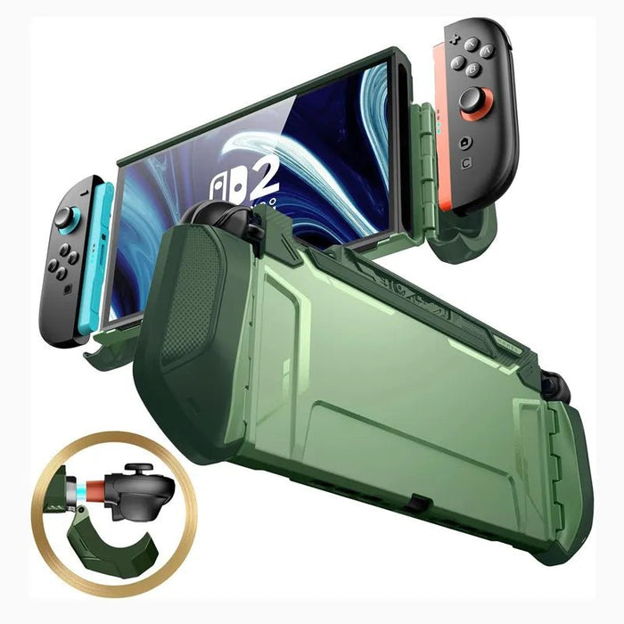 Front and rear views of the Mumba Blade Urban case for Nintendo Switch 2, green, with a Joy-Con release detail.