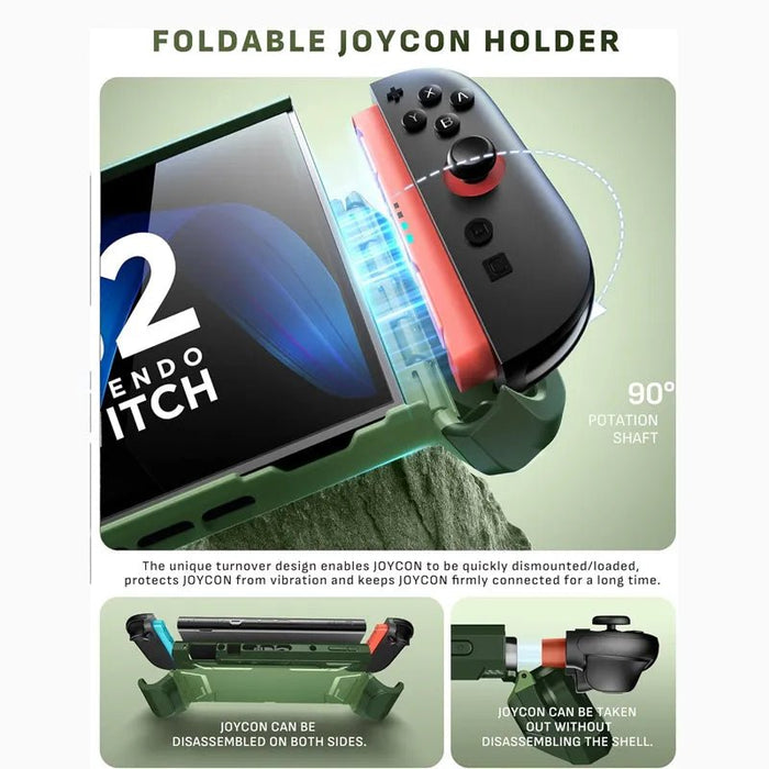 Mumba Blade Urban case for Nintendo Switch 2 with a hinged Joy-Con holder folded down and diagrams showing controller removal.