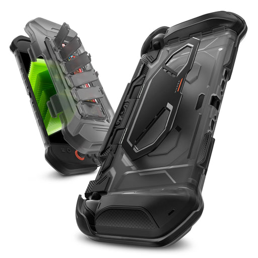 Angled front and rear views of the black Mumba Fortress Switch 2 case, with game cards in the lifted front cover.