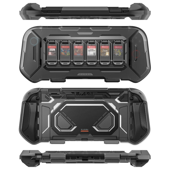 Front, rear and edge views of the Mumba Fortress Switch 2 case, showing six game card slots in the front cover.