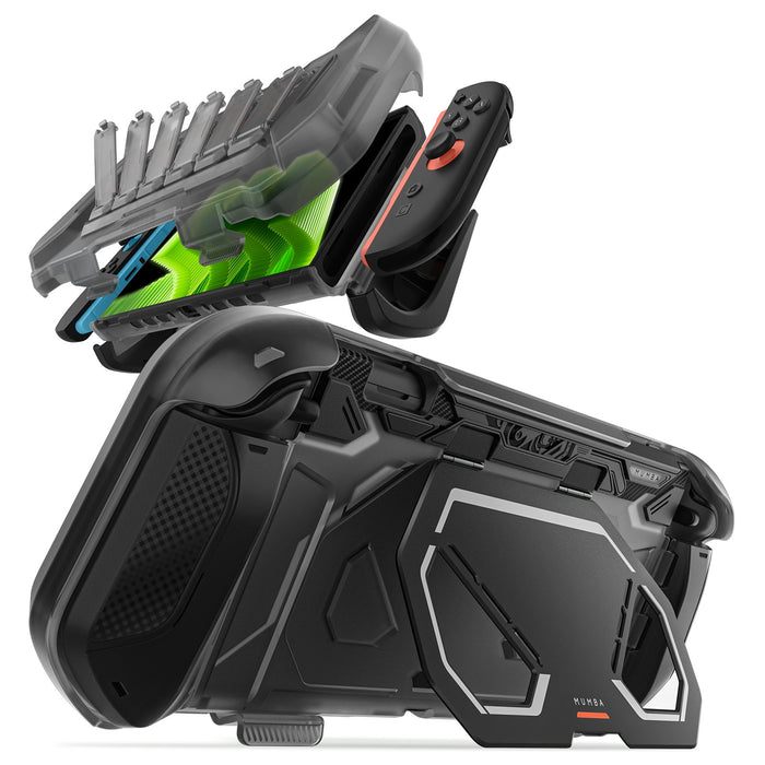Black Mumba Fortress case for Nintendo Switch 2 showing the removable front cover and open rear kickstand.