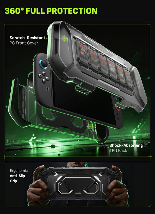 Exploded view of the Mumba Fortress Switch 2 case showing its PC front cover, TPU rear shell and contoured grips.