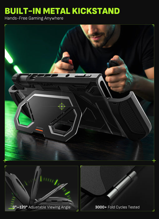 Mumba Fortress Switch 2 case on its metal kickstand for tabletop play, with viewing-angle and hinge detail diagrams.