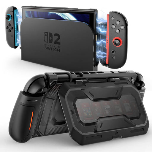 Mumba Titan case for Nintendo Switch 2 in black, shown with the console in a dock and the rear card-holder stand open.