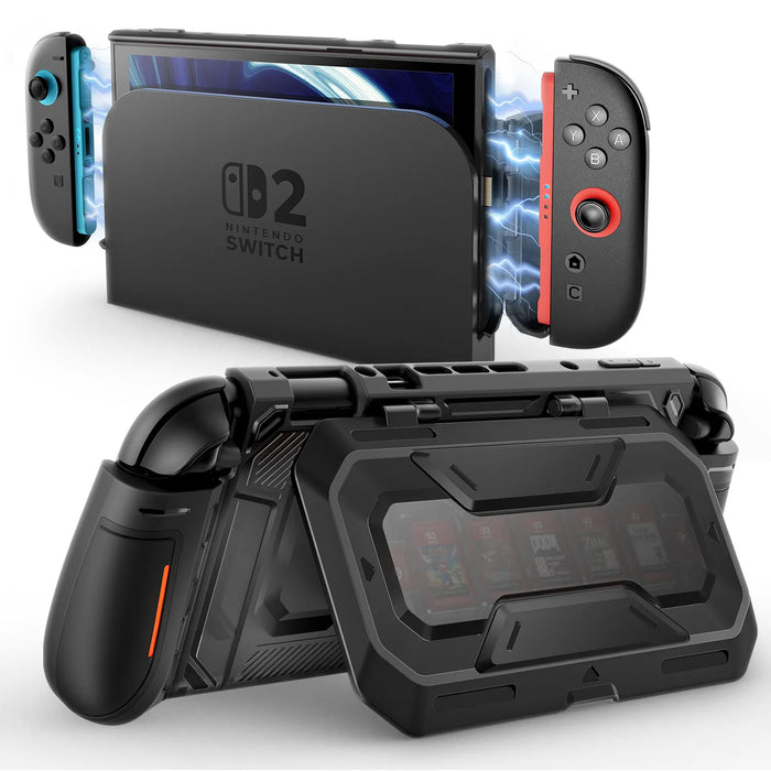 Mumba Titan case for Nintendo Switch 2 in black, shown with the console in a dock and the rear card-holder stand open.