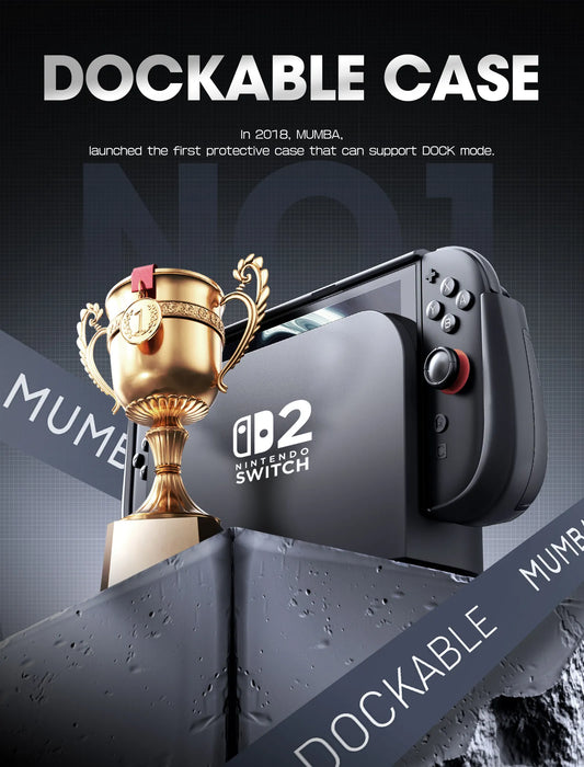 Docking infographic showing the Mumba Titan case for Nintendo Switch 2 in black on a console in its dock beside a trophy graphic.