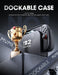 Docking infographic showing the Mumba Titan case for Nintendo Switch 2 in black on a console in its dock beside a trophy graphic.
