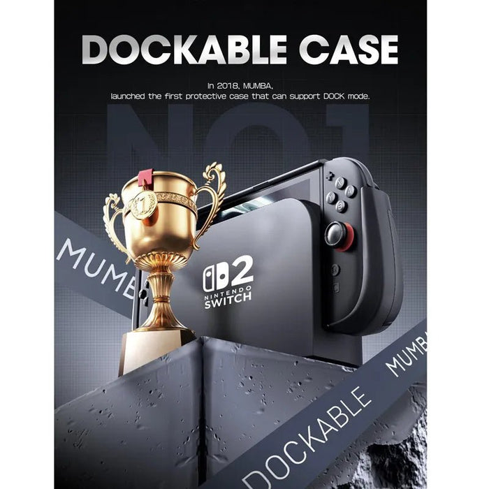 Docking infographic showing the Mumba Titan case for Nintendo Switch 2 in black on a console in its dock beside a trophy graphic.