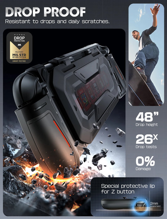 Drop-protection illustration of the Mumba Titan case for Nintendo Switch 2 in black, with a close-up of the raised Z-button edge.