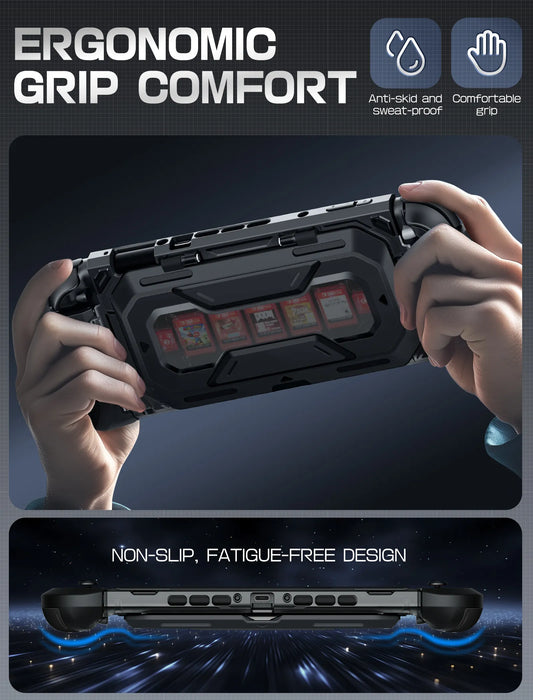 Hands holding the Mumba Titan case for Nintendo Switch 2 in black, with a rear view and grip profile detail.