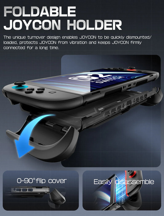 Mumba Titan case for Nintendo Switch 2 in black with a fold-down Joy-Con holder and diagrams showing controller removal.