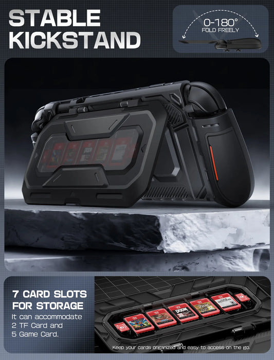Mumba Titan case for Nintendo Switch 2 in black propped on its card-holder kickstand, with an inset showing five game card slots and two TF card slots.
