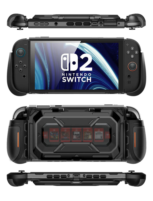 Front, rear, top and bottom views of the Mumba Titan case for Nintendo Switch 2 in black, showing its rear card holder and port openings.