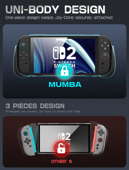 One-piece case design infographic for Nintendo Switch 2, comparing a Mumba Titan case in black with a three-piece design.