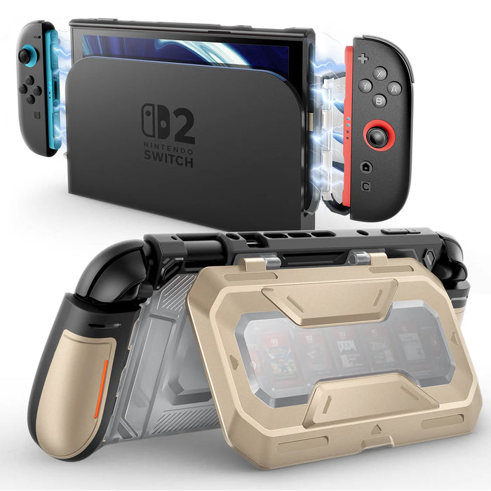 Mumba Titan case for Nintendo Switch 2 in Desert beige, shown with the console in a dock and the rear card-holder stand open.