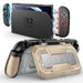 Mumba Titan case for Nintendo Switch 2 in Desert beige, shown with the console in a dock and the rear card-holder stand open.