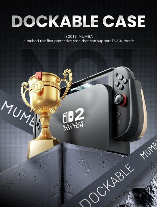 Docking infographic showing the Mumba Titan case for Nintendo Switch 2 in Desert beige on a console in its dock beside a trophy graphic.