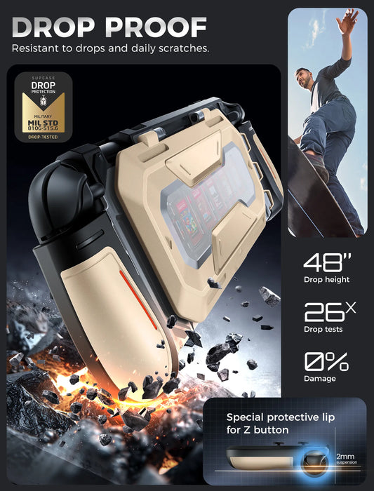 Drop-protection illustration of the Mumba Titan case for Nintendo Switch 2 in Desert beige, with a close-up of the raised Z-button edge.