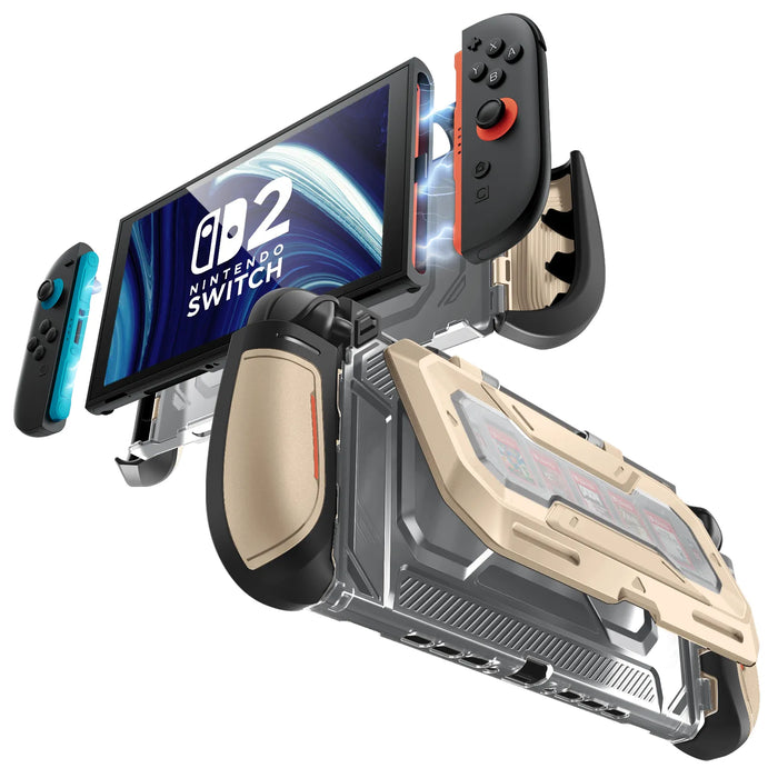 Front and rear views of the Mumba Titan case for Nintendo Switch 2 in Desert beige, showing Joy-Con removal and the rear card holder.